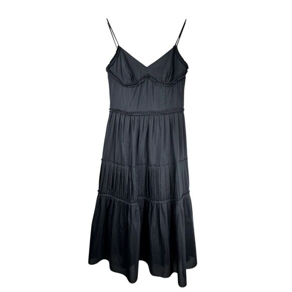 LOFT Women Tiered Midi Dress 4 Black Cotton Silk Pleated Fairy Goth Witch Boho - Picture 1 of 15
